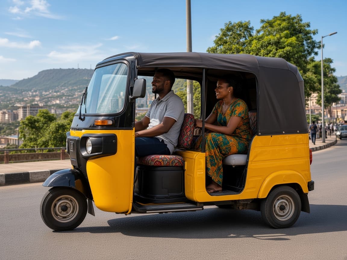 Passengers riding a yellow keke through Enugu